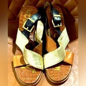 Sam Edelman Ivy Open Toe Sandal Chunky Heel boho US9 tan brown gold buckle party